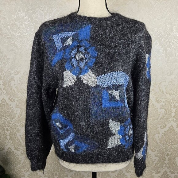Giorgio Grati Size 44 (US Medium) Mohair Blend Sweater Gray Blue Metallic Floral - Picture 1 of 11